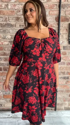 CurveWow Ubar Midi Dress Red Rose Print