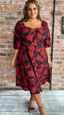CurveWow Ubar Midi Dress Red Rose Print