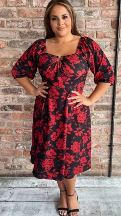 CurveWow Ubar Midi Dress Red Rose Print