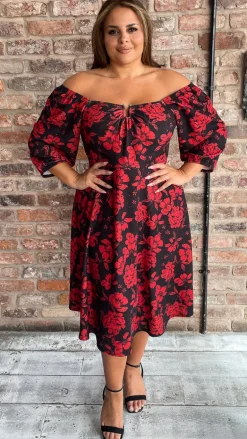 CurveWow Ubar Midi Dress Red Rose Print