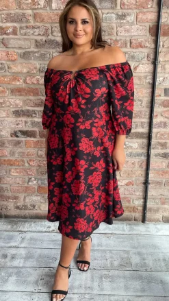 CurveWow Ubar Midi Dress Red Rose Print