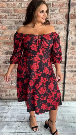 CurveWow Ubar Midi Dress Red Rose Print