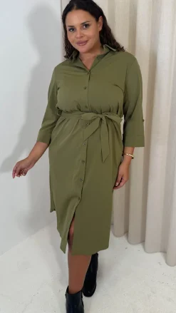 CurveWow Utility Shirt Dress Khaki