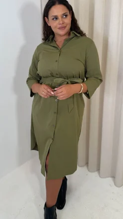 CurveWow Utility Shirt Dress Khaki