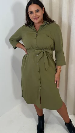 CurveWow Utility Shirt Dress Khaki