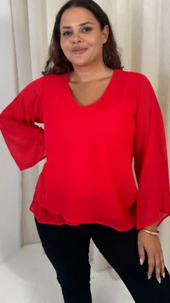 CurveWow V Neck Blouse Red