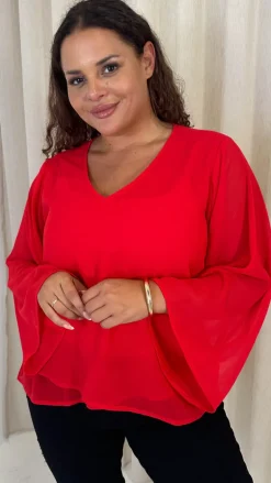 CurveWow V Neck Blouse Red