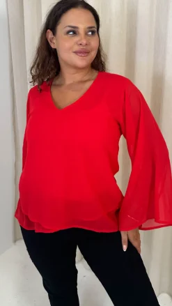 CurveWow V Neck Blouse Red