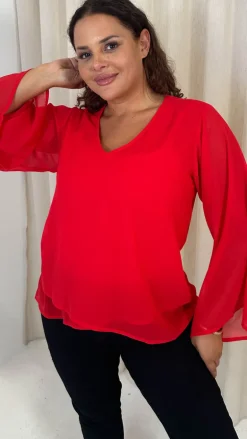 CurveWow V Neck Blouse Red