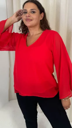 CurveWow V Neck Blouse Red
