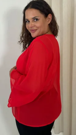 CurveWow V Neck Blouse Red
