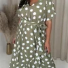 CurveWow V Neck Frill Hem Dress Green Spot