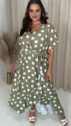CurveWow V Neck Frill Hem Dress Green Spot