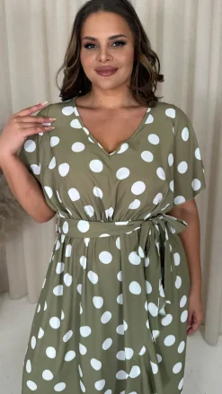 CurveWow V Neck Frill Hem Dress Green Spot