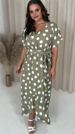 CurveWow V Neck Frill Hem Dress Green Spot