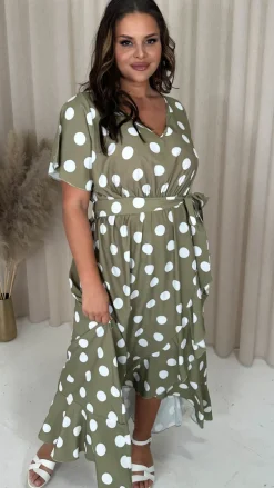 CurveWow V Neck Frill Hem Dress Green Spot