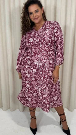 CurveWow V Neck Front Slit Midi Dress Wine Floral