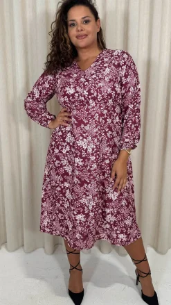CurveWow V Neck Front Slit Midi Dress Wine Floral