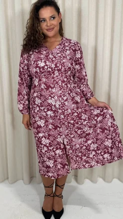 CurveWow V Neck Front Slit Midi Dress Wine Floral