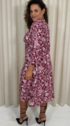CurveWow V Neck Front Slit Midi Dress Wine Floral