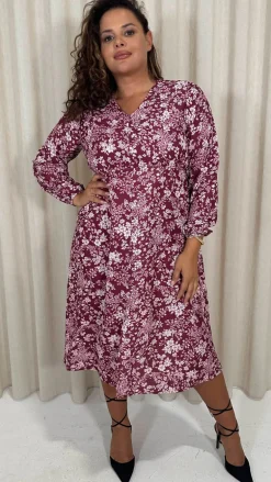 CurveWow V Neck Front Slit Midi Dress Wine Floral