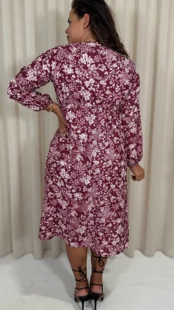 CurveWow V Neck Front Slit Midi Dress Wine Floral