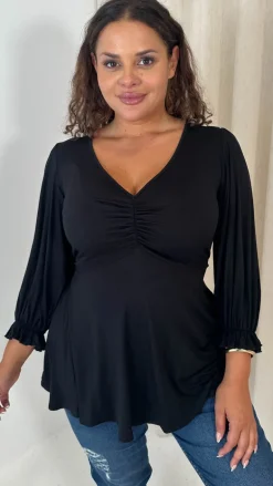 CurveWow V Neck Peplum Top Black