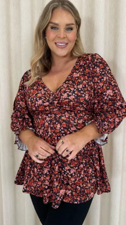 CurveWow V Neck Peplum Top Black Floral