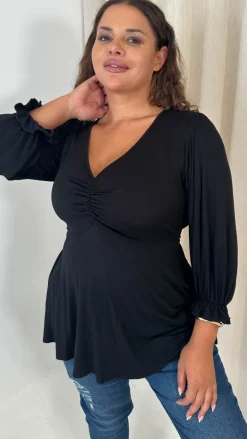 CurveWow V Neck Peplum Top Black