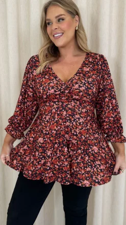 CurveWow V Neck Peplum Top Black Floral