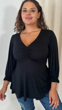 CurveWow V Neck Peplum Top Black