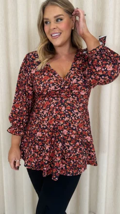 CurveWow V Neck Peplum Top Black Floral