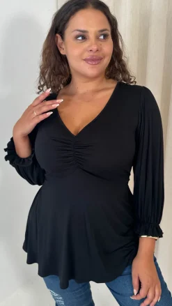 CurveWow V Neck Peplum Top Black