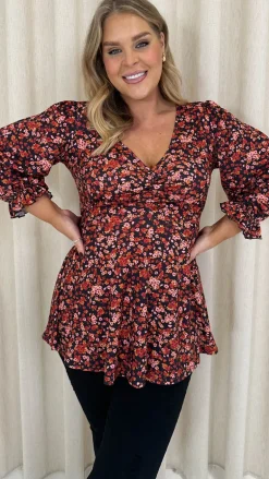 CurveWow V Neck Peplum Top Black Floral