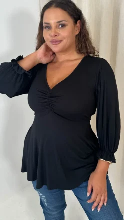 CurveWow V Neck Peplum Top Black