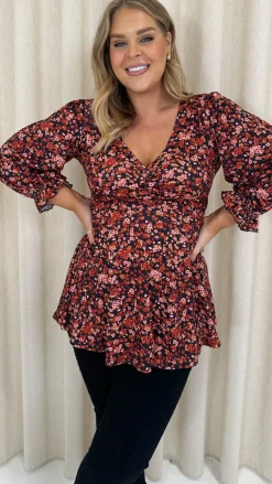 CurveWow V Neck Peplum Top Black Floral