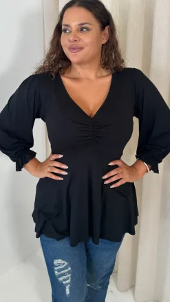 CurveWow V Neck Peplum Top Black