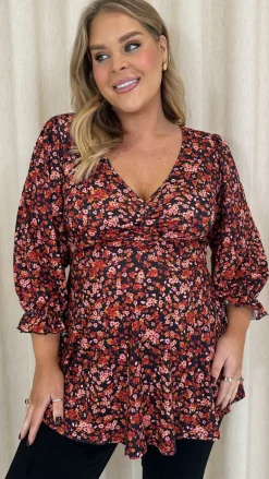 CurveWow V Neck Peplum Top Black Floral