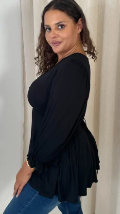 CurveWow V Neck Peplum Top Black