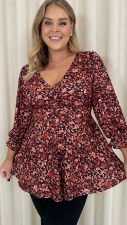 CurveWow V Neck Peplum Top Black Floral