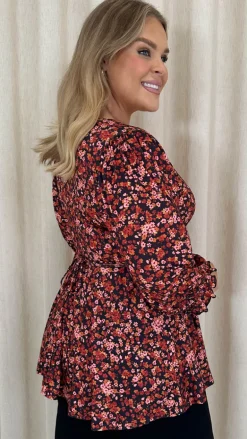 CurveWow V Neck Peplum Top Black Floral