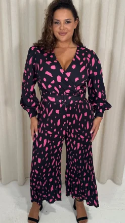 CurveWow V Neck Pleated Jumpsuit Black/Pink Spot
