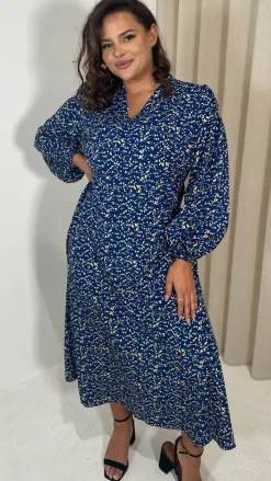 CurveWow V Neck Puff Sleeve Midaxi Dress Navy Animal