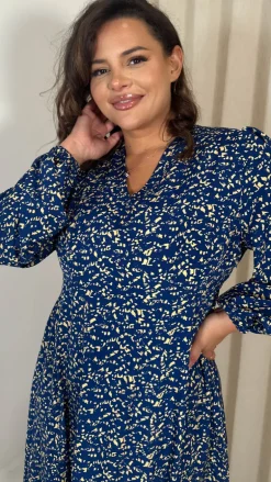 CurveWow V Neck Puff Sleeve Midaxi Dress Navy Animal