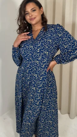 CurveWow V Neck Puff Sleeve Midaxi Dress Navy Animal