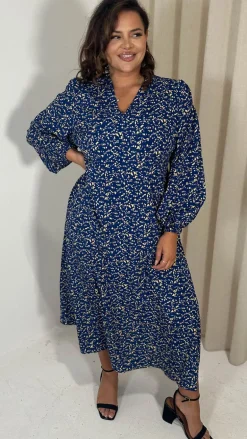 CurveWow V Neck Puff Sleeve Midaxi Dress Navy Animal