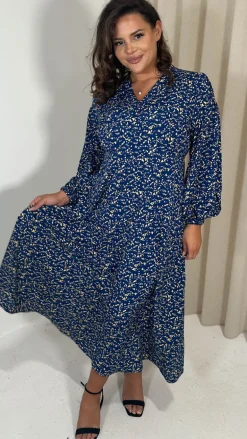 CurveWow V Neck Puff Sleeve Midaxi Dress Navy Animal