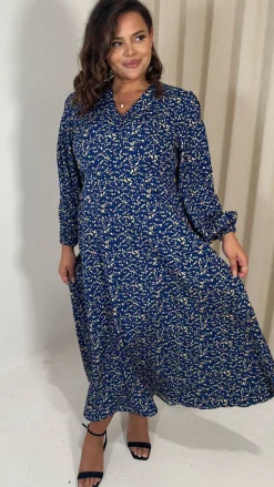 CurveWow V Neck Puff Sleeve Midaxi Dress Navy Animal