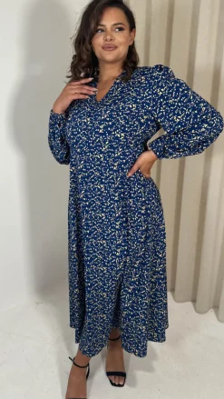 CurveWow V Neck Puff Sleeve Midaxi Dress Navy Animal