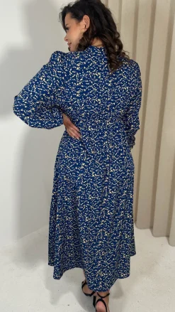 CurveWow V Neck Puff Sleeve Midaxi Dress Navy Animal